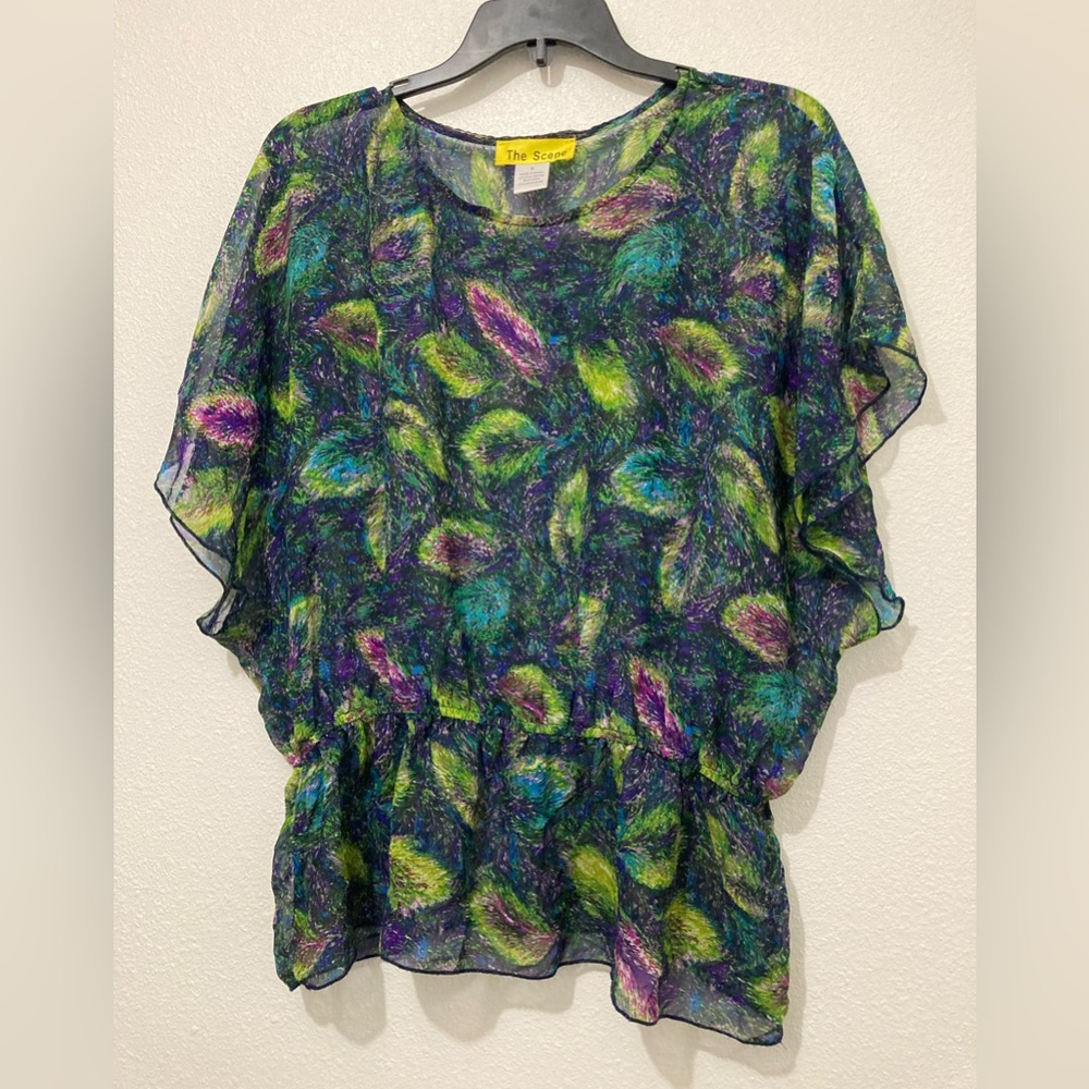 Peacock Feathers Green Blue Purple Elastic Dolman Tunic Top Size Small